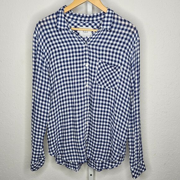 Rails Charli Gingham Button Down Shirt Blue White Linen Blend Long Sleeve Large - Picture 1 of 6